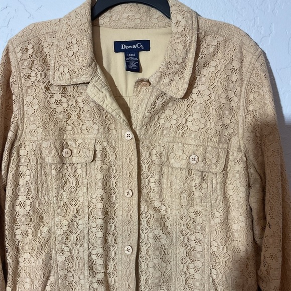 Denim & Co Buttery Yellow Lace Overlay Cotton Button Down Jacket Size Large - Picture 6 of 7